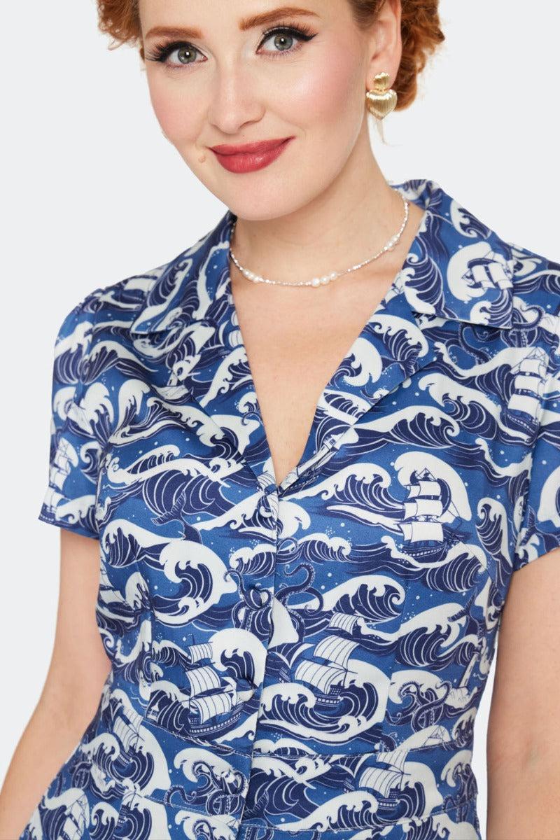 Blue Nautical Wave Print Playsuit