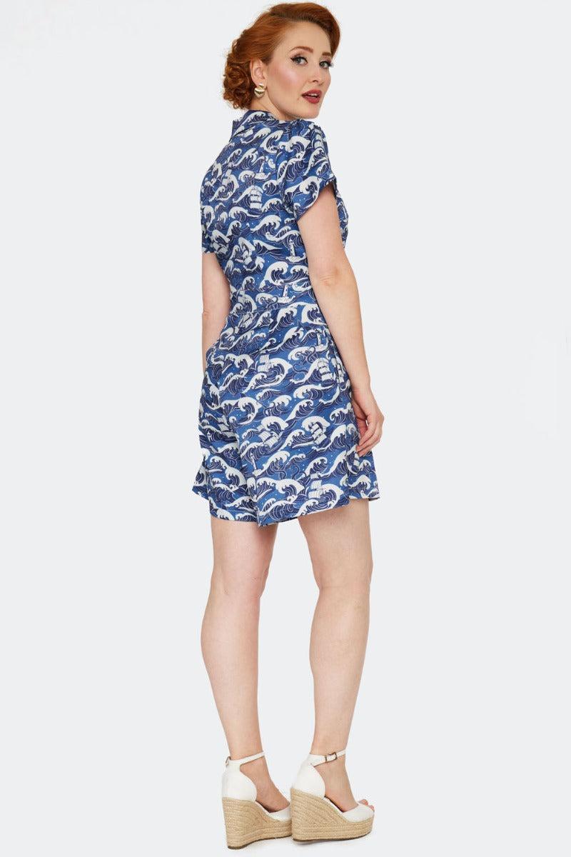 Blue Nautical Wave Print Playsuit