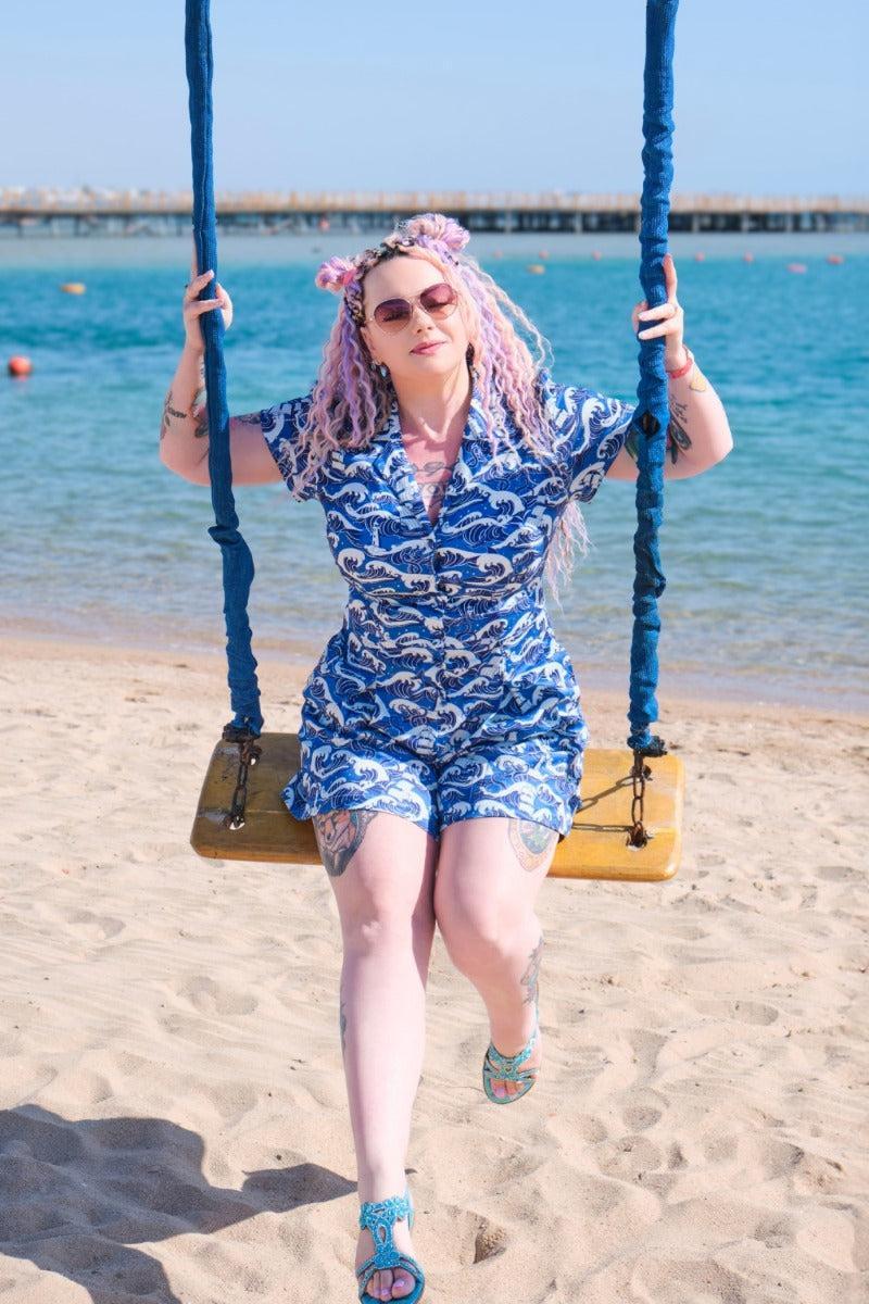 Blue Nautical Wave Print Playsuit