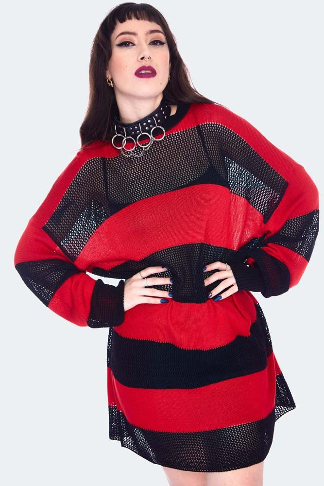 Red & Black Contrast Knit Oversized Jumper