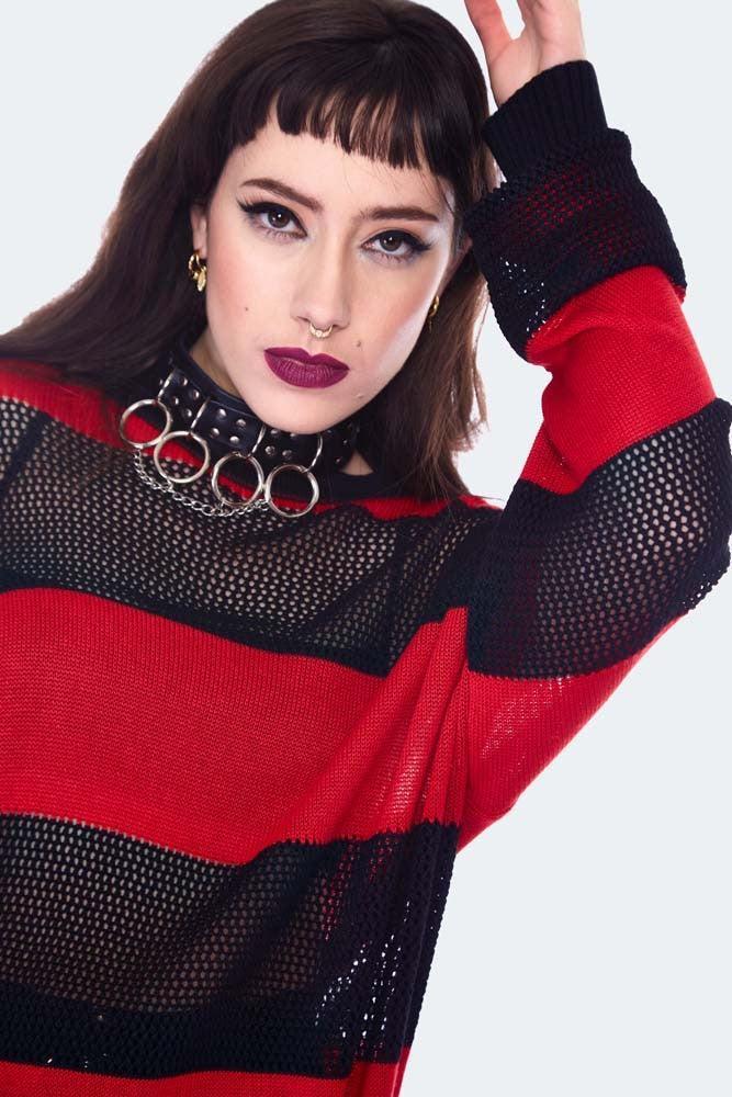 Red & Black Contrast Knit Oversized Jumper