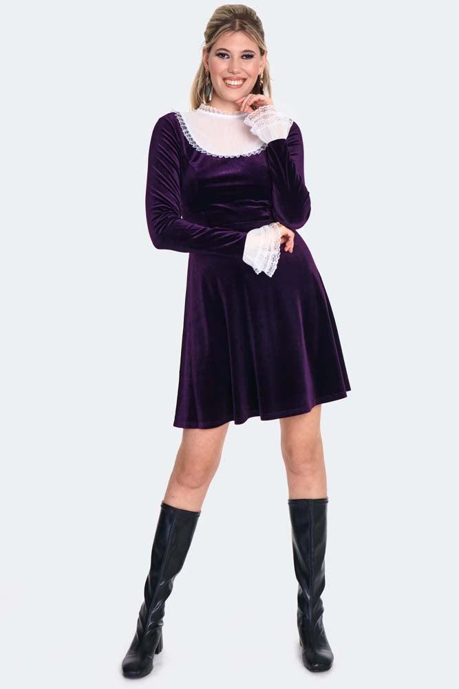 Ruffle Sleeve Velvet Flare Dress by Voodoo Vixen - Dark Fashion Clothing Ruffle Sleeve Velvet Flare Dress by Voodoo Vixen - Dark Fashion Clothing