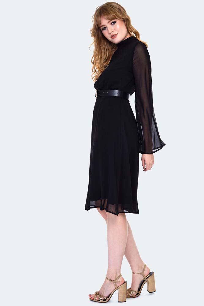 Sheer Layer Belted Flare Dress