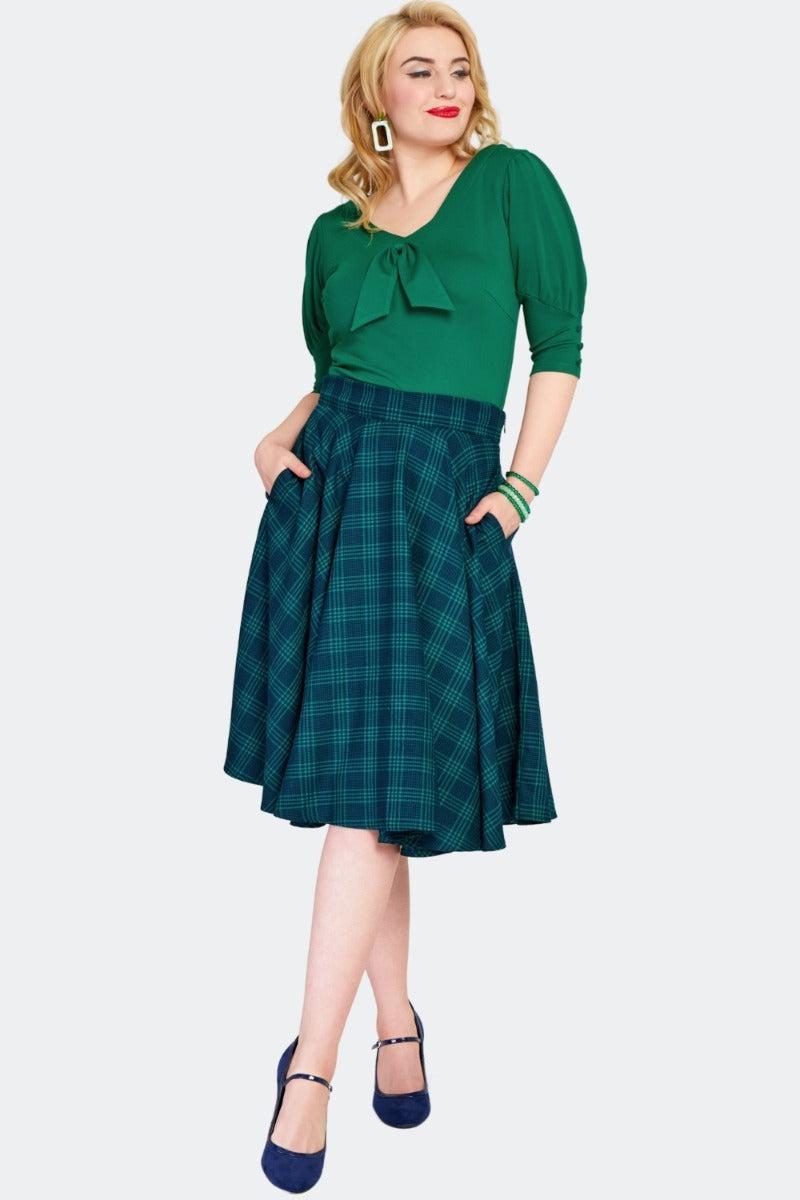 Green Checked Flare Skirt