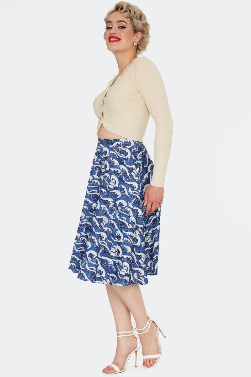 Blue Nautical Wave Print Skirt