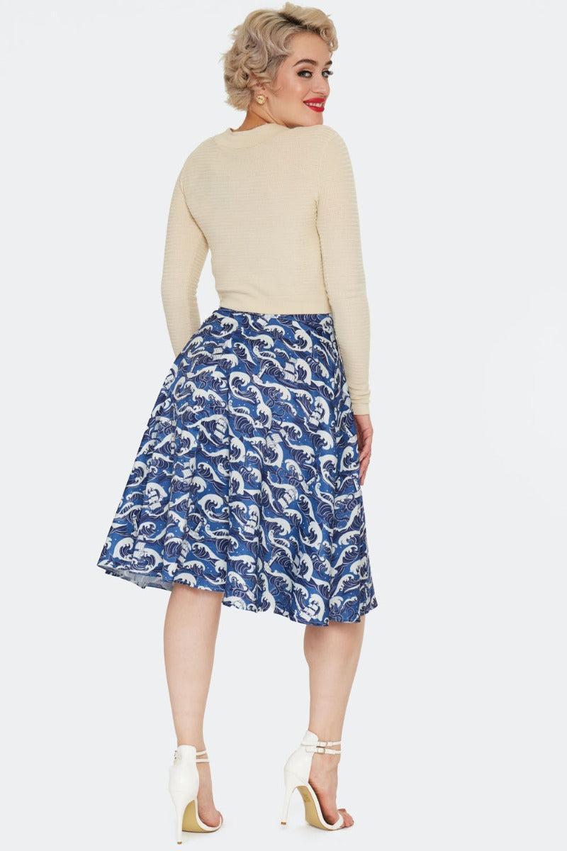 Blue Nautical Wave Print Skirt