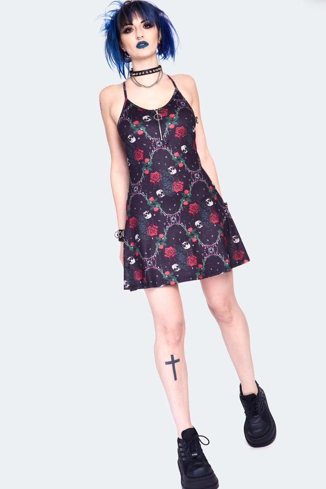 Skull And Roses Print Midi Dress