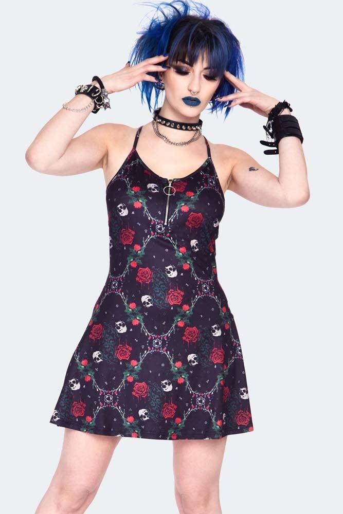 Skull And Roses Print Midi Dress