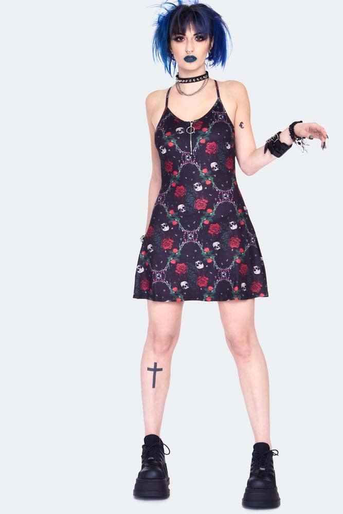Skull And Roses Print Midi Dress