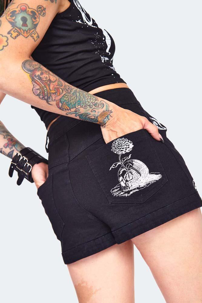 Snake Embroidered Denim Shorts