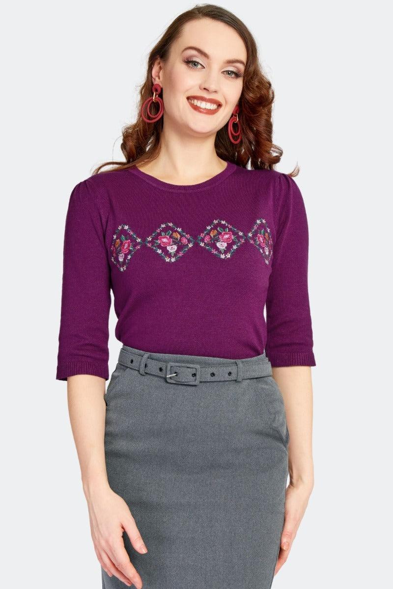 Purple Floral Embroidered Sweater