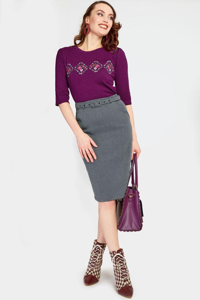 Purple Floral Embroidered Sweater