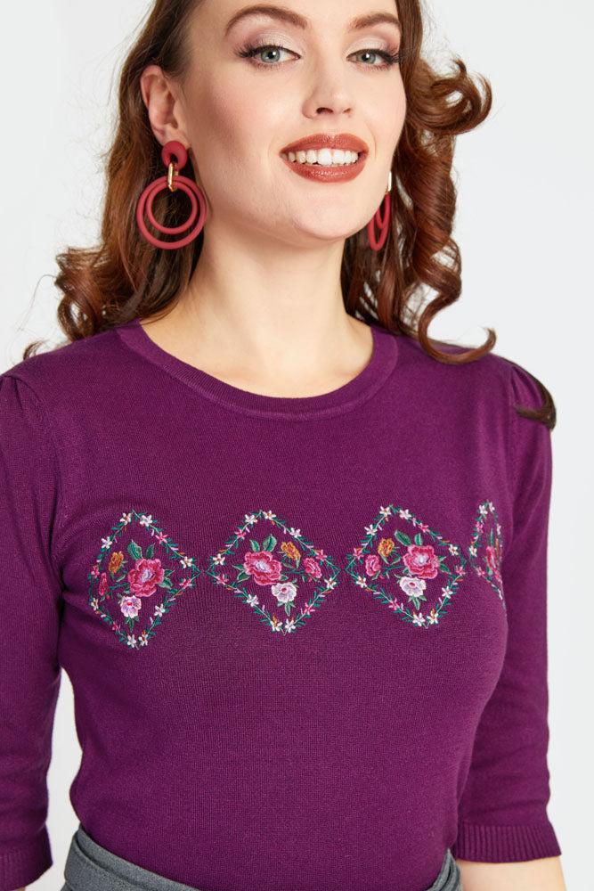 Purple Floral Embroidered Sweater