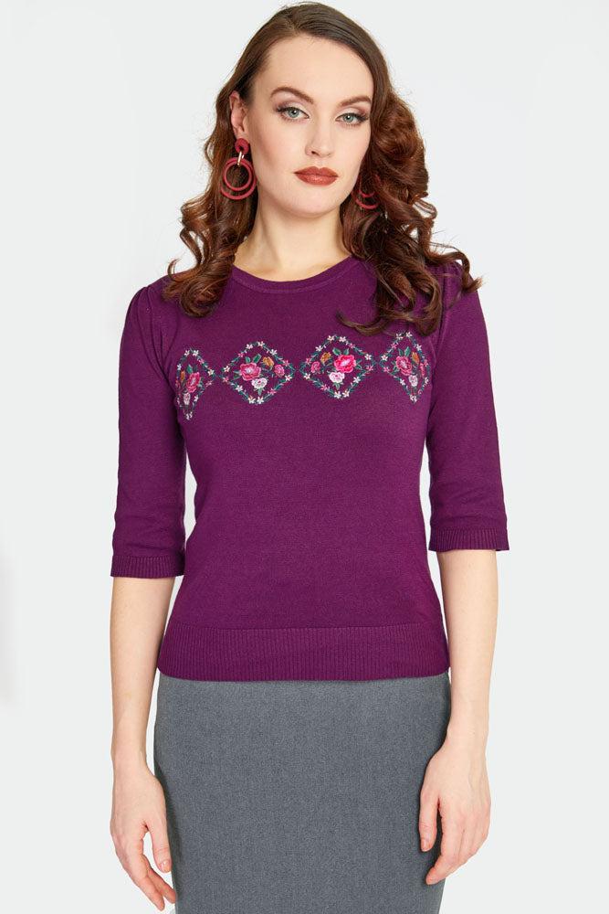 Purple Floral Embroidered Sweater