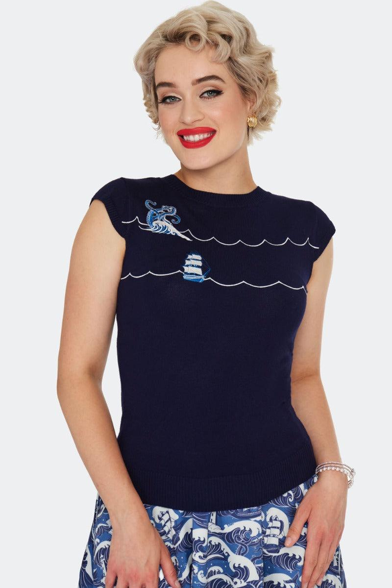 Blue Nautical Wave Embroidery Sweater