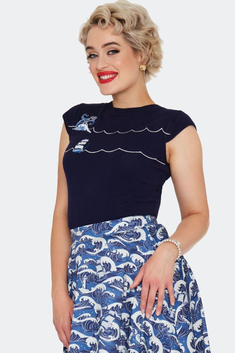 Blue Nautical Wave Embroidery Sweater