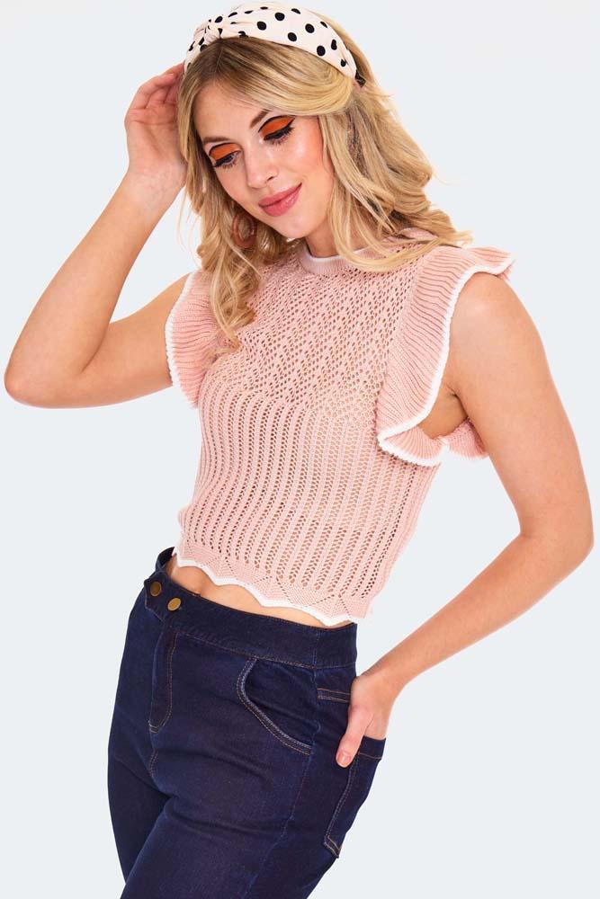 Ruffle Round Neck Knitted Vest