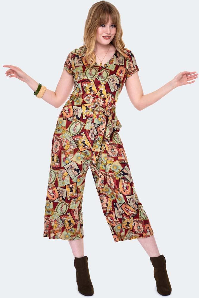 Tarot Print Tie Waist Jumpsuit