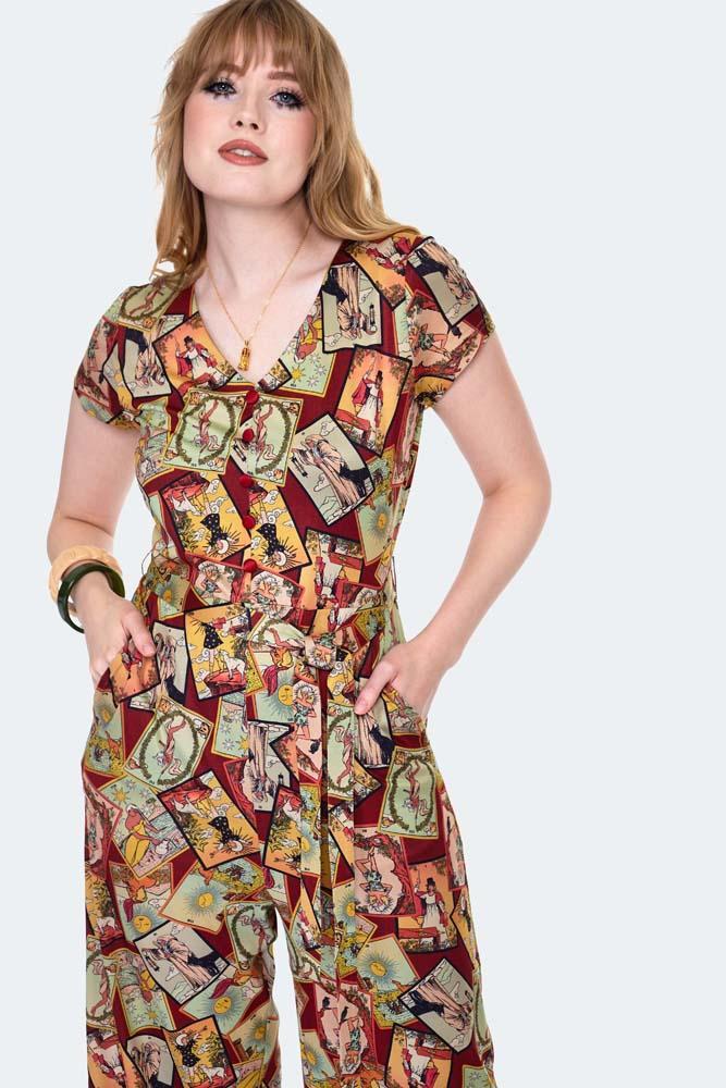 Tarot Print Tie Waist Jumpsuit