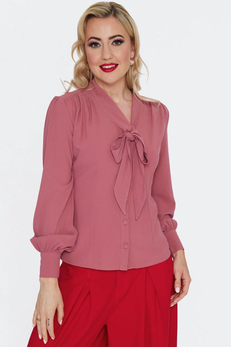 Heart Button Front Tie Blouse Pink