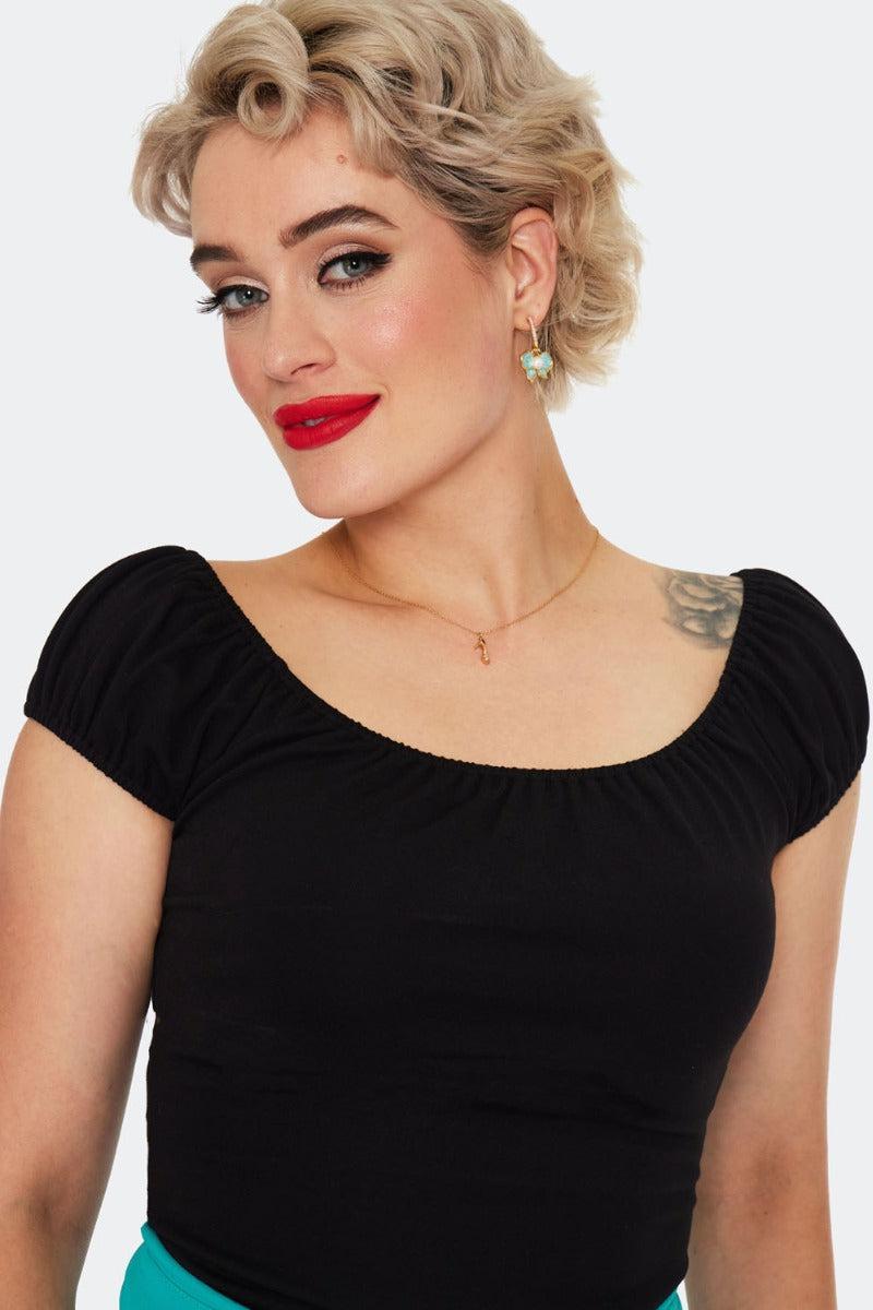 Gathered Neckline Knit Top Black