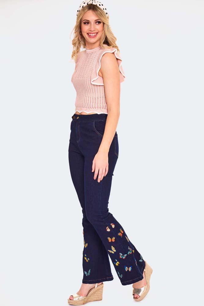 Butterfly Embroidery Denim Trousers