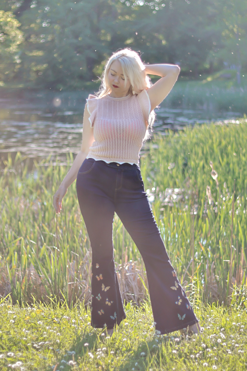 Butterfly Embroidery Denim Trousers