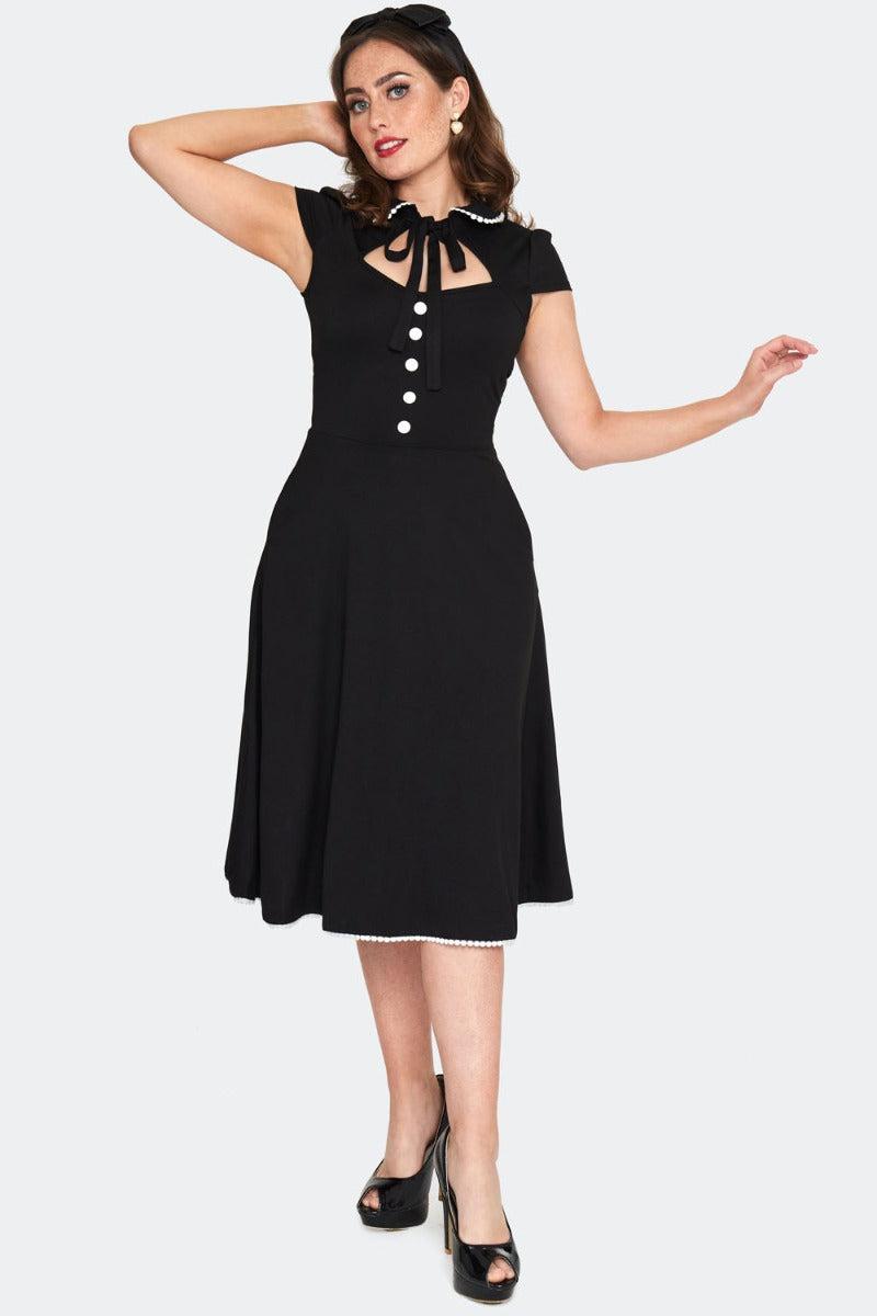 Black & White Tie Neck Trim Flare Dress