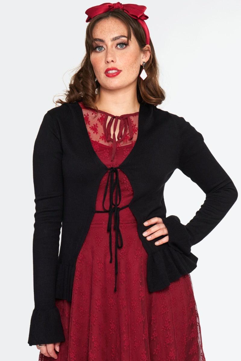 Black 60s Tie Ruffle Cardigan