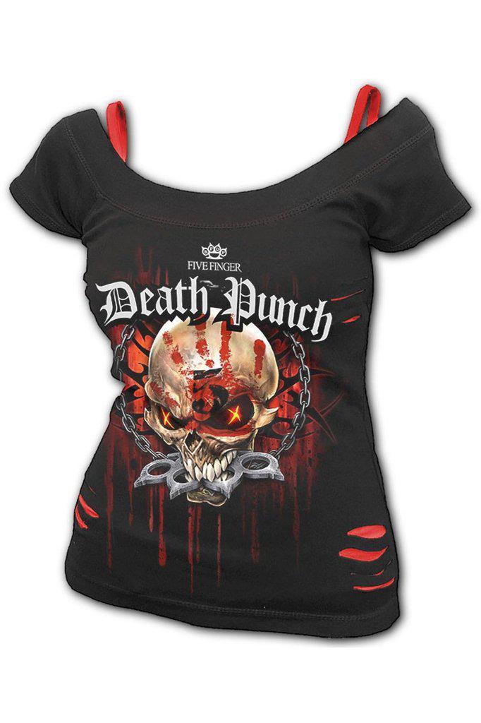 5FDP - Assassin - 2In1 Red Ripped Top Black-Spiral-Dark Fashion Clothing