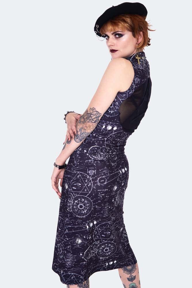 Alchemy Cat Print Midi Cut Out Dress-Jawbreaker-Dark Fashion Clothing