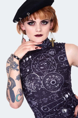 Alchemy Cat Print Midi Cut Out Dress-Jawbreaker-Dark Fashion Clothing
