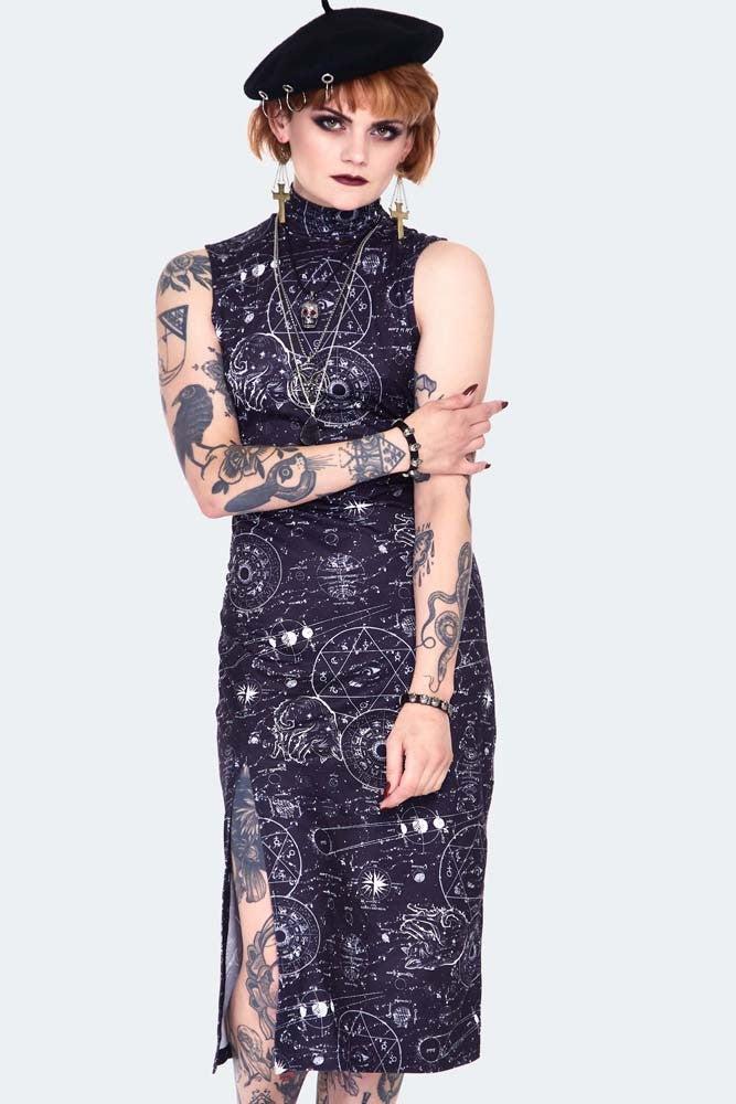 Alchemy Cat Print Midi Cut Out Dress-Jawbreaker-Dark Fashion Clothing