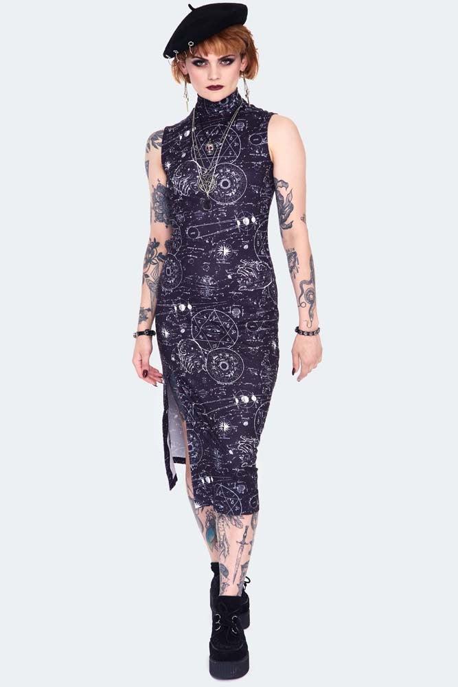 Alchemy Cat Print Midi Cut Out Dress-Jawbreaker-Dark Fashion Clothing