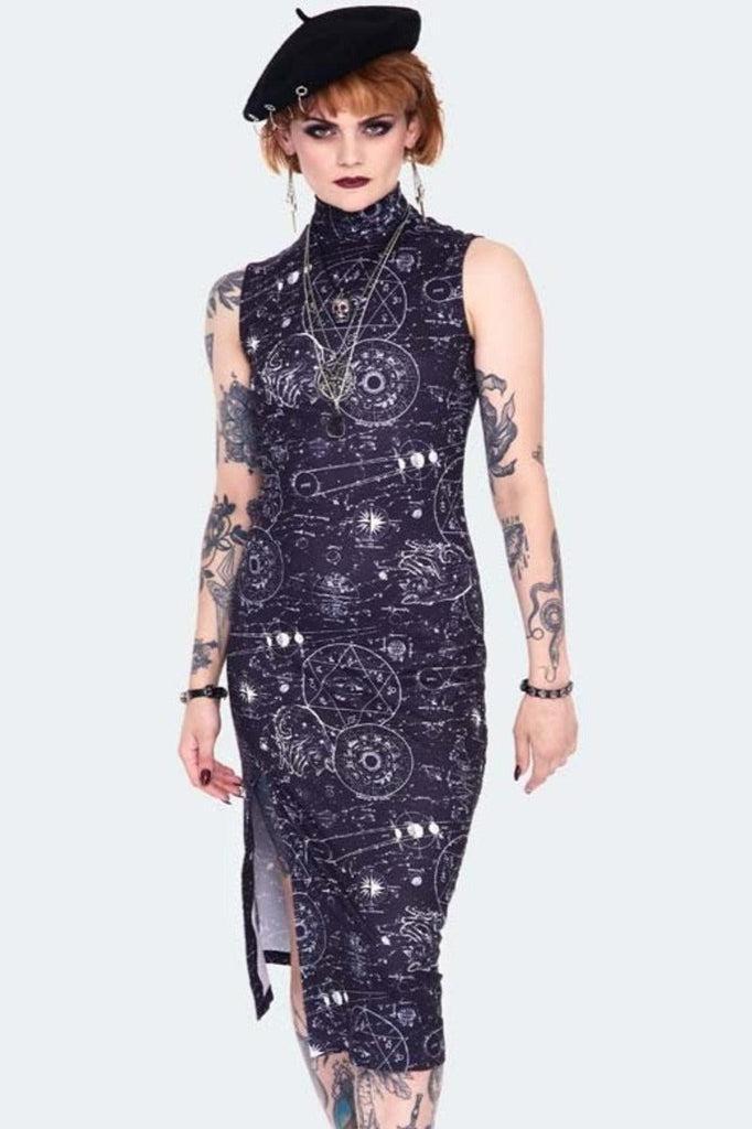 Alchemy Cat Print Midi Cut Out Dress-Jawbreaker-Dark Fashion Clothing