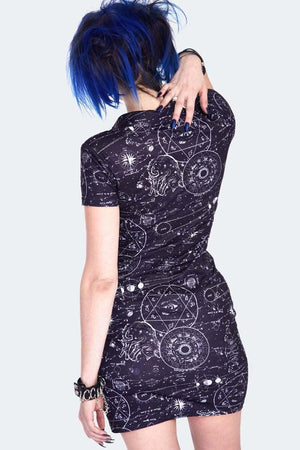Alchemy Cat Print Mini Polo Dress-Jawbreaker-Dark Fashion Clothing