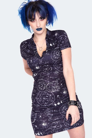 Alchemy Cat Print Mini Polo Dress-Jawbreaker-Dark Fashion Clothing