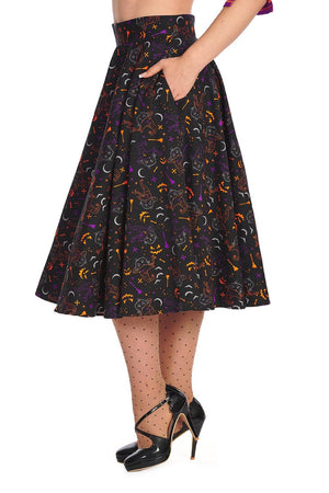 All Hallows Cat Swing Skirt-Banned-Dark Fashion Clothing
