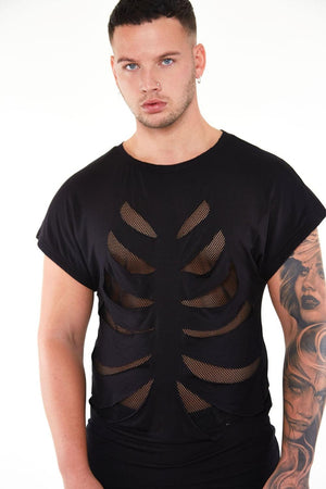 Black Loose T-shirt With Net Rib Cage-Jawbreaker-Dark Fashion Clothing