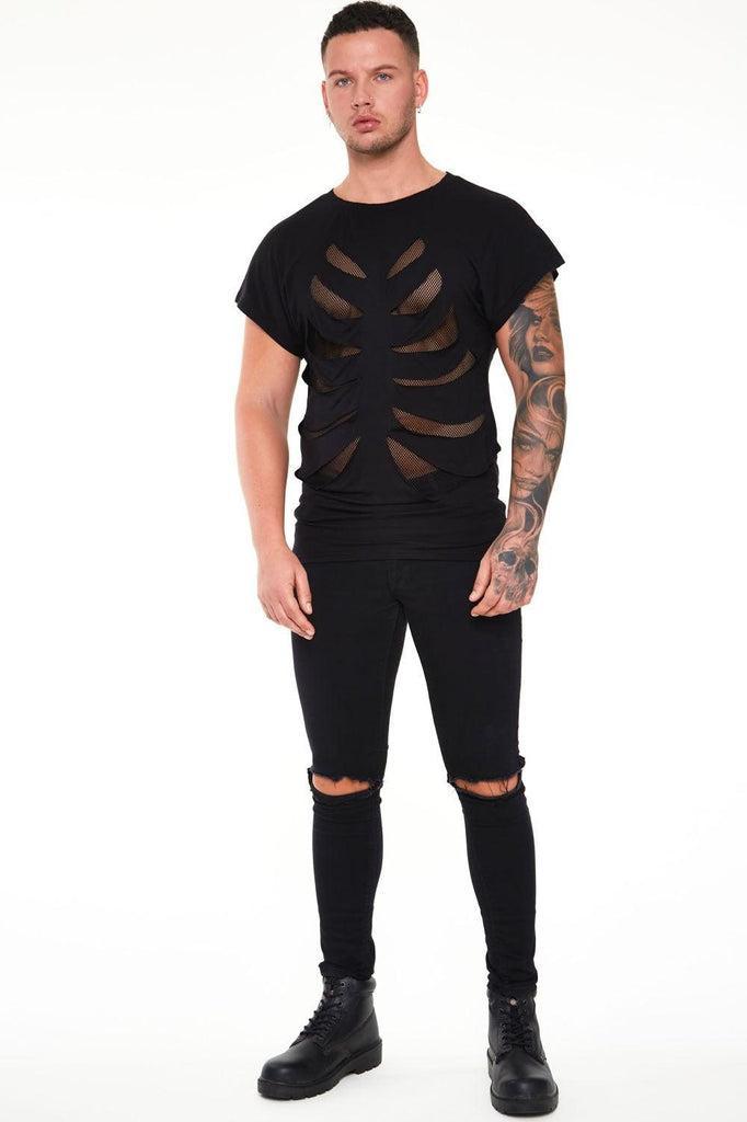 Black Loose T-shirt With Net Rib Cage-Jawbreaker-Dark Fashion Clothing