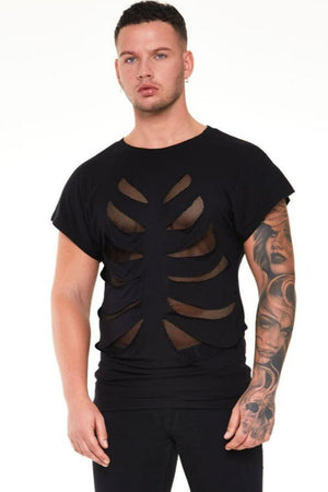 Black Loose T-shirt With Net Rib Cage-Jawbreaker-Dark Fashion Clothing