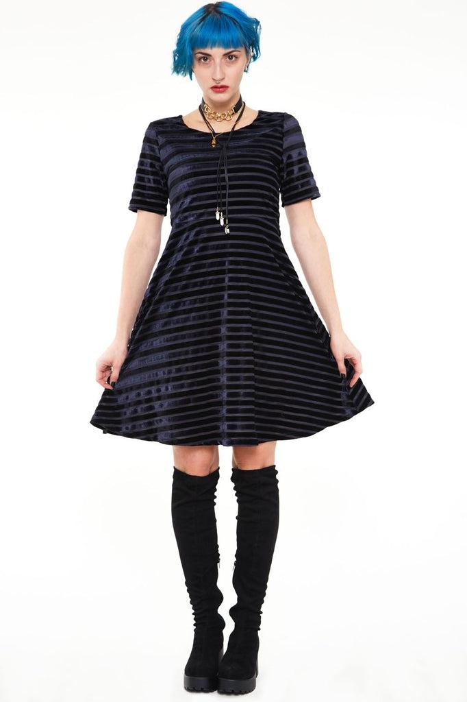 Black Velvet Stripe Dress-Jawbreaker-Dark Fashion Clothing