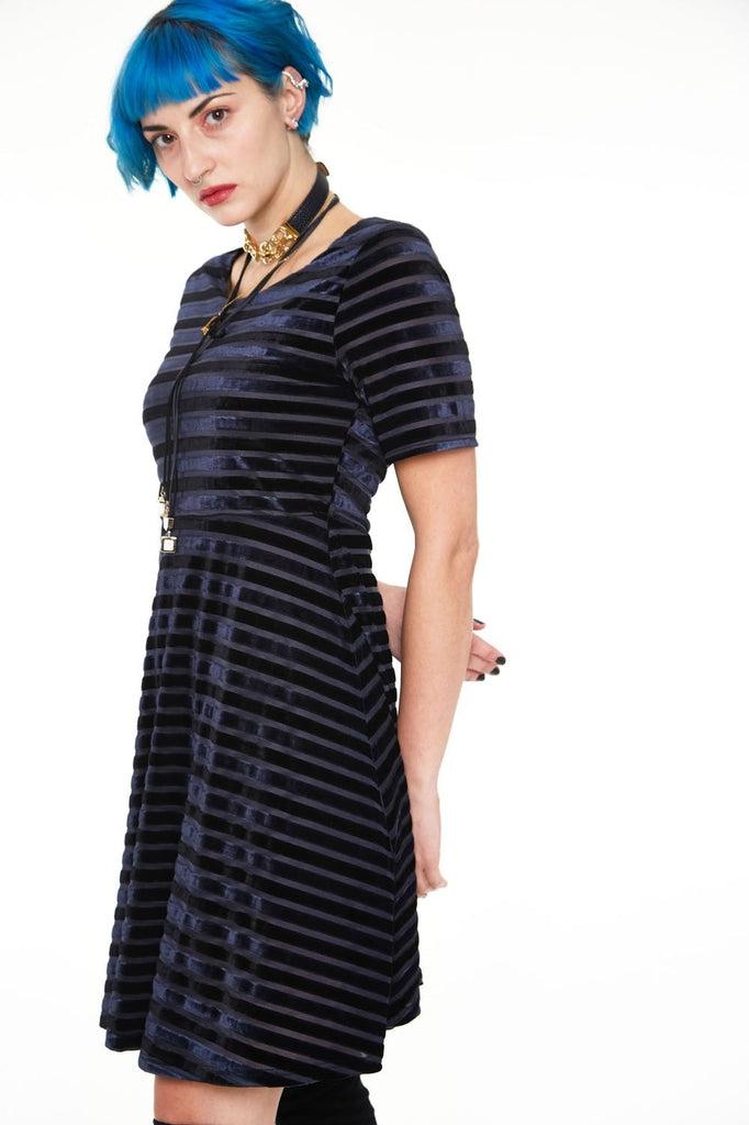 Black Velvet Stripe Dress-Jawbreaker-Dark Fashion Clothing