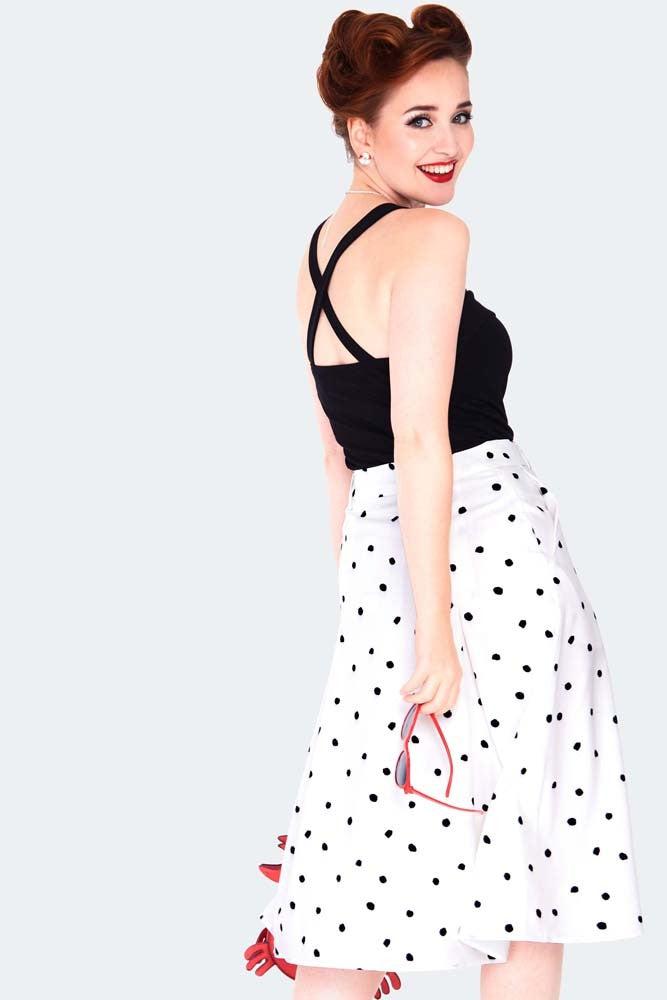 Black & White Polka Dot Button Front Midi Skirt-Voodoo Vixen-Dark Fashion Clothing