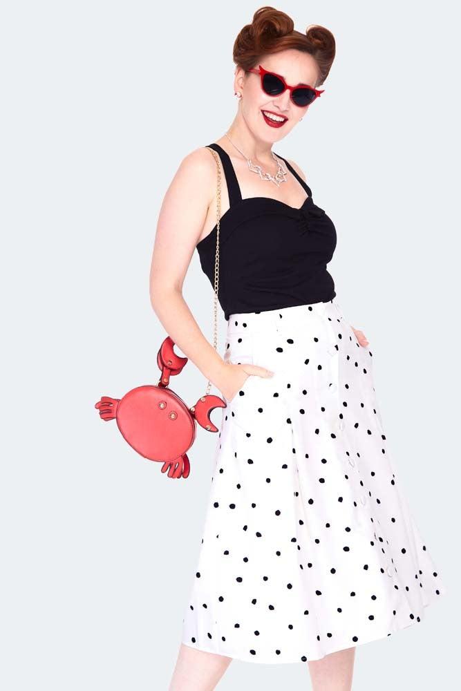 Black & White Polka Dot Button Front Midi Skirt-Voodoo Vixen-Dark Fashion Clothing