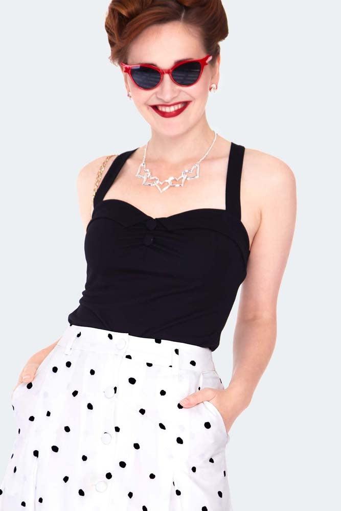Black & White Polka Dot Button Front Midi Skirt-Voodoo Vixen-Dark Fashion Clothing