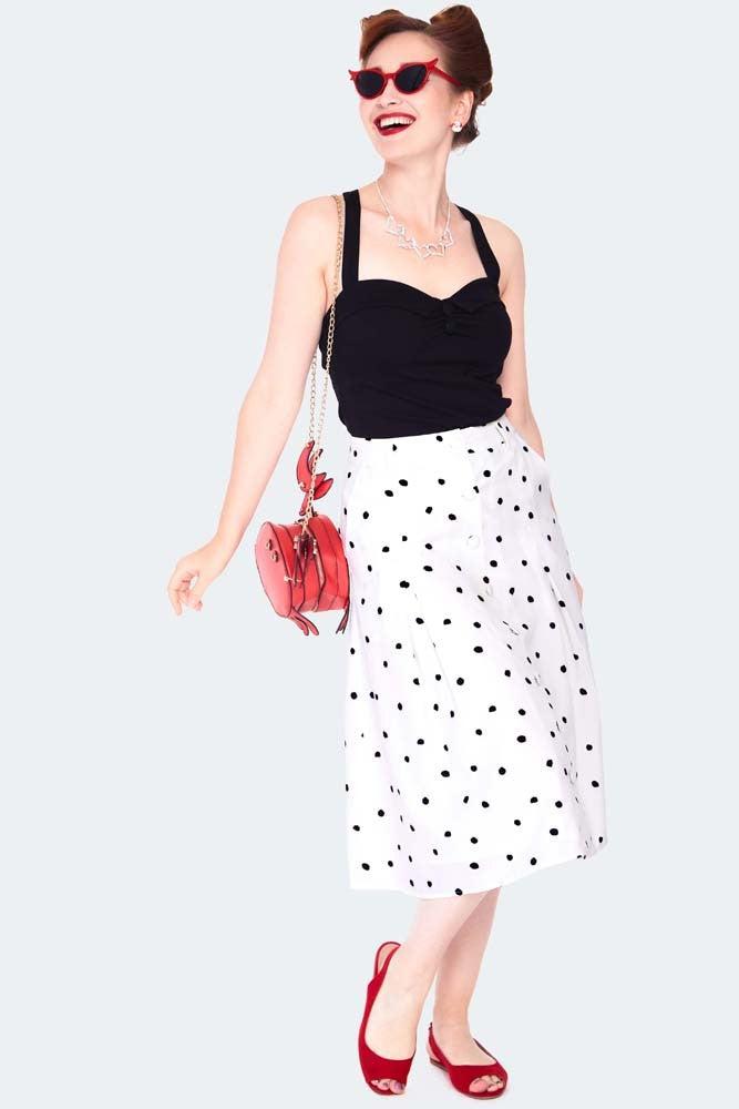 Black & White Polka Dot Button Front Midi Skirt-Voodoo Vixen-Dark Fashion Clothing
