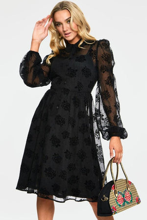 Blanca Chiffon Rose Flocking Dress-Voodoo Vixen-Dark Fashion Clothing