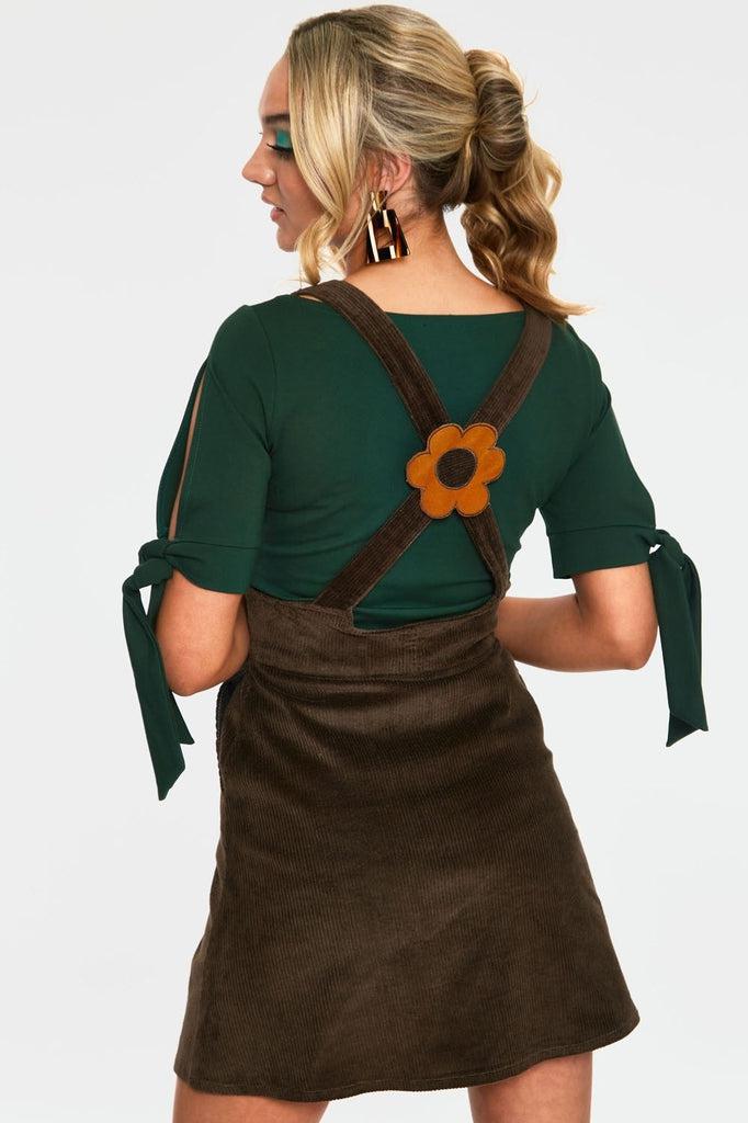 Bo Mustard Flower Corduroy Overall Skirt-Voodoo Vixen-Dark Fashion Clothing
