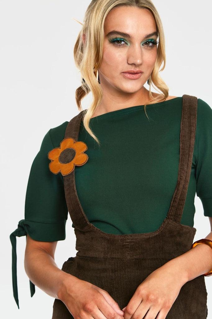 Bo Mustard Flower Corduroy Overall Skirt-Voodoo Vixen-Dark Fashion Clothing